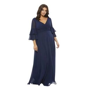 Mac Duggal 67913 Navy Blue Pleated Bell Sleeve Chiffon Formal MOB Gown Size 20W